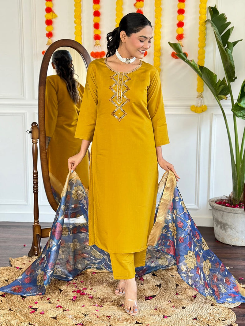 Haldi Ceremony Embroidered Kurti Set with Digital Print Dupatta