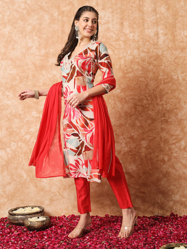 Multi Colour Rayon Kurti Set with Embroidered V-Neck & Nazmin Dupatta