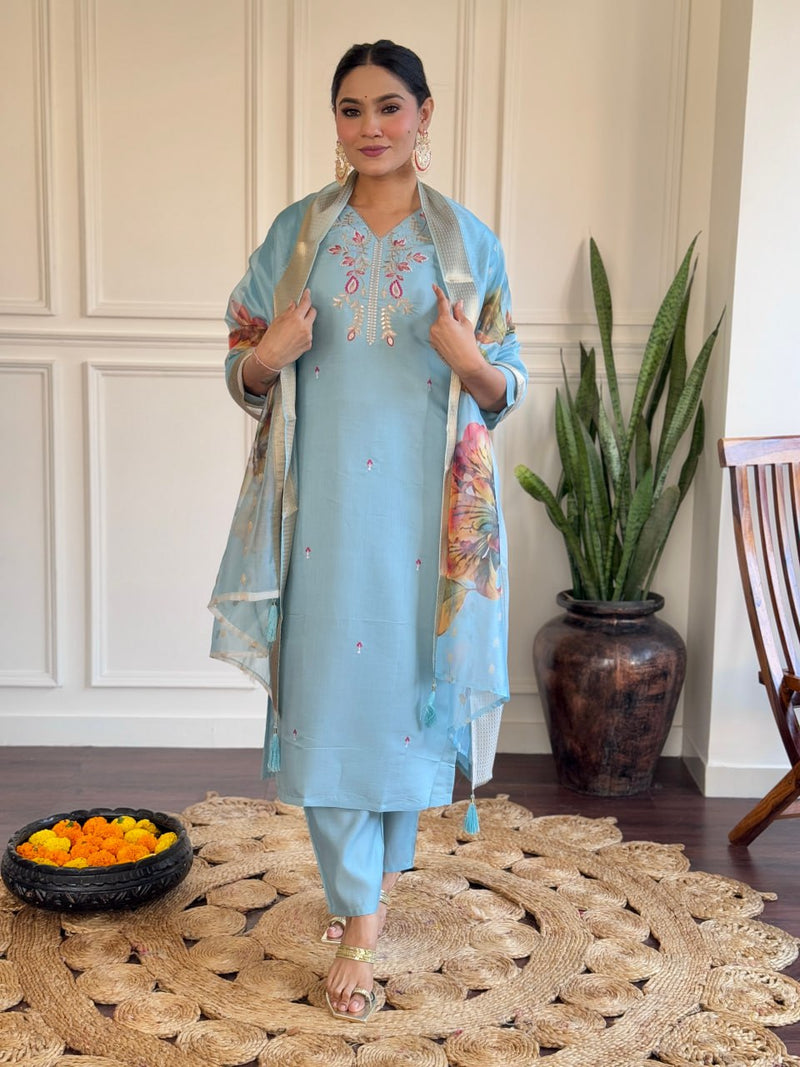 Sky Blue Viscose Chanderi Embroidered & Printed Suit Set with Jacquard Butti Dupatta