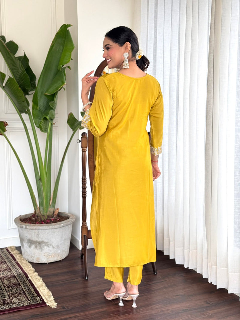 Temple Wear Embroidered Thread Work Chanderi Silk Straight Kurta with Trouser & Dupatta