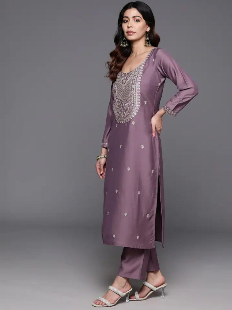 Elegant Viscose Chanderi Heavy Thread Embroidery Work Kurta Pant Set Stitched