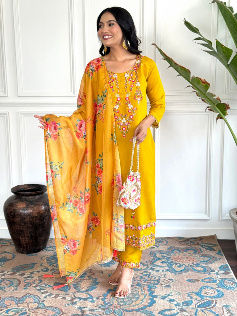 Mustard Yellow Embroidered Kurti Set with Taby Silk Dupatta