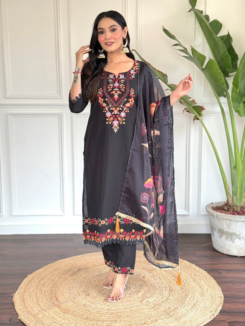 Black Chanderi Designer Embroidery Work With Printed Traditional Wear Readymade Salwar Kameez For Trendy Looks Stitched