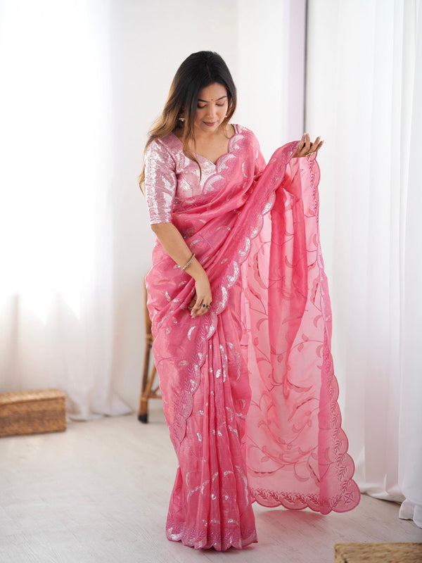 Stunning Partywear Gold Crush Sequin Saree with Dual Side Work Blouse