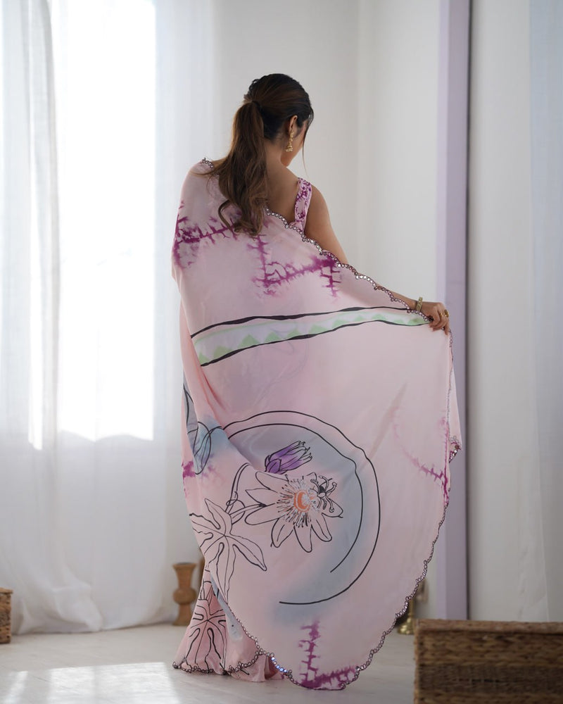 Graceful Baby Pink Chinon Saree with Abstract Print & Kutchi Mirror Lace with Designer Magenta Blouse