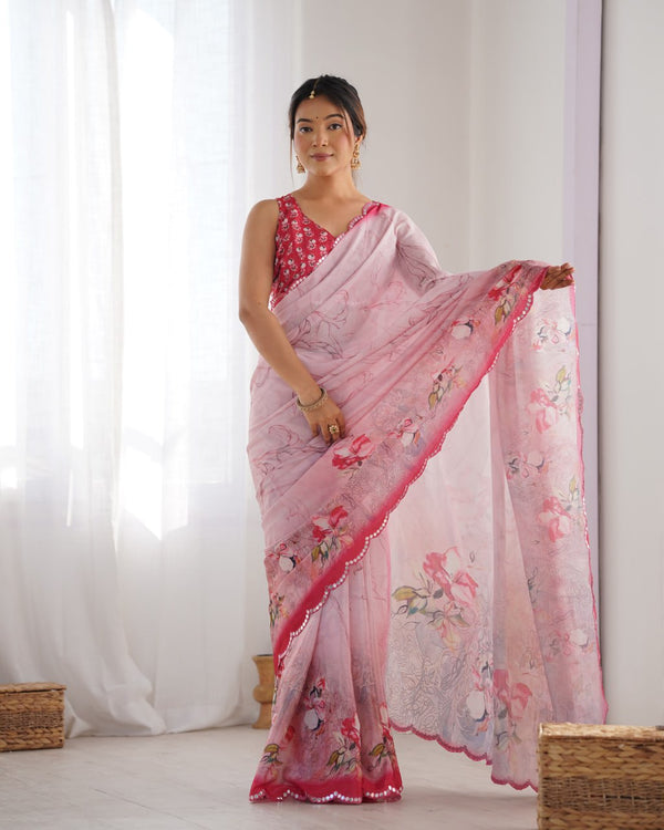Blush Rose Chinnon Saree with Floral Print & Kutchi Mirror Lace With Blouse