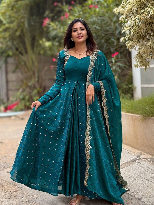 Luxury Fandy Silk Embroidered Gown with Dupatta & Pant