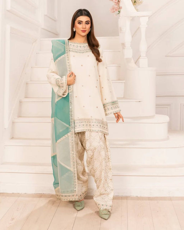 Pure Natural Crepe Designer Palazzo Suit Set with Embroidered Organza Dupatta