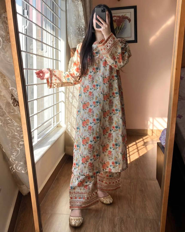 Stitched Co-ords Set in Printed & Embroidered Roman Silk