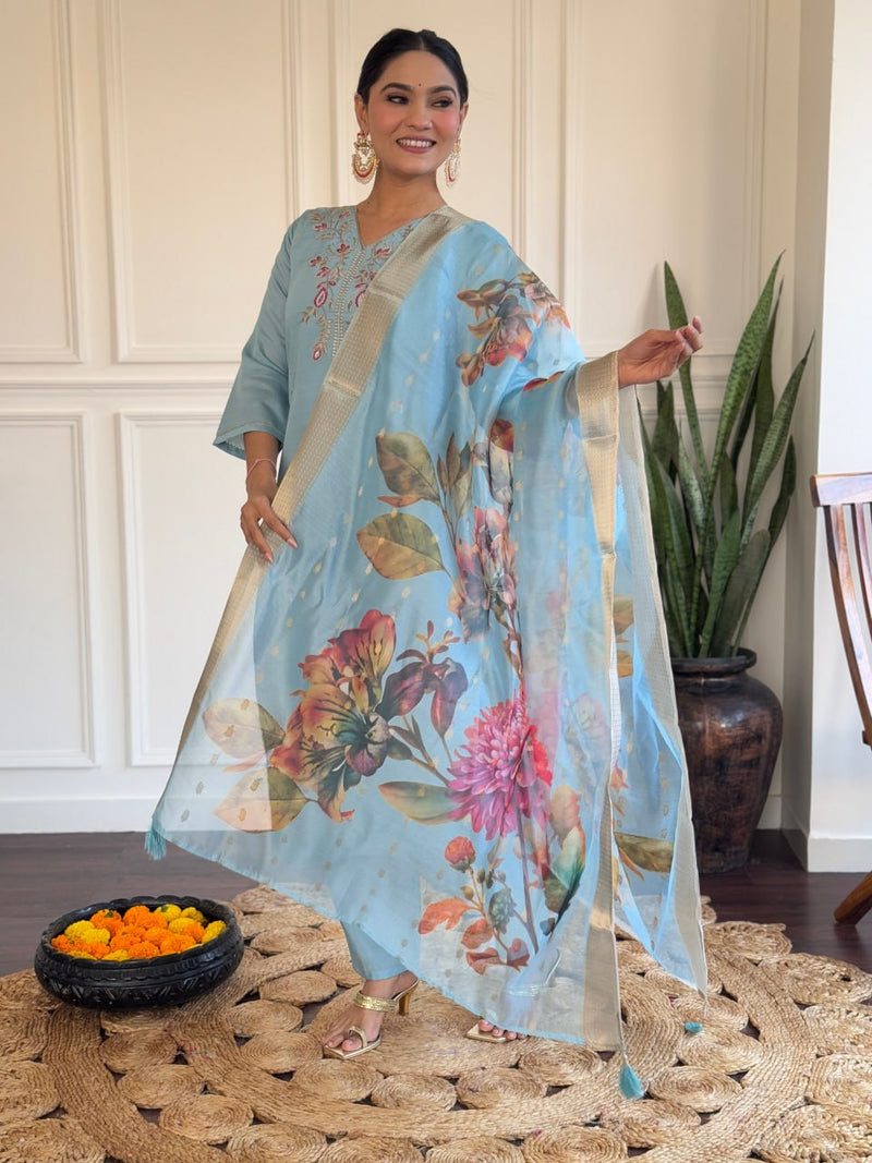 Sky Blue Viscose Chanderi Embroidered & Printed Suit Set with Jacquard Butti Dupatta