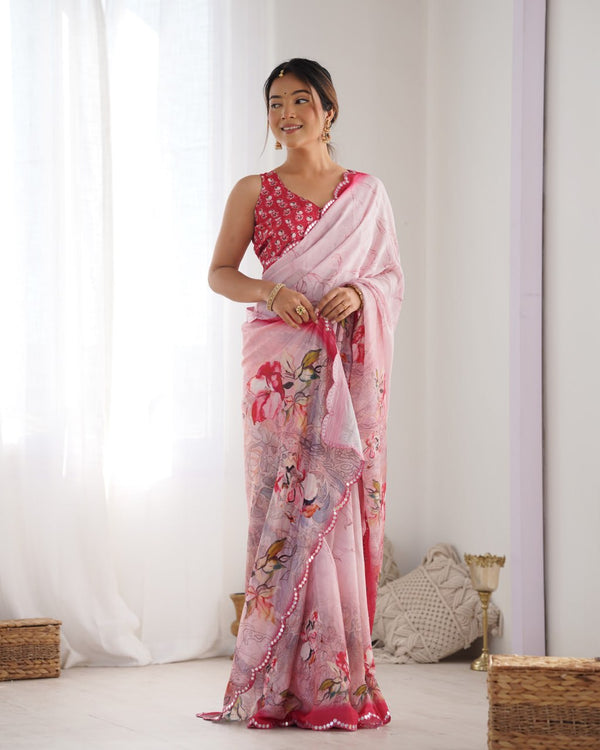 Blush Rose Chinnon Saree with Floral Print & Kutchi Mirror Lace With Blouse