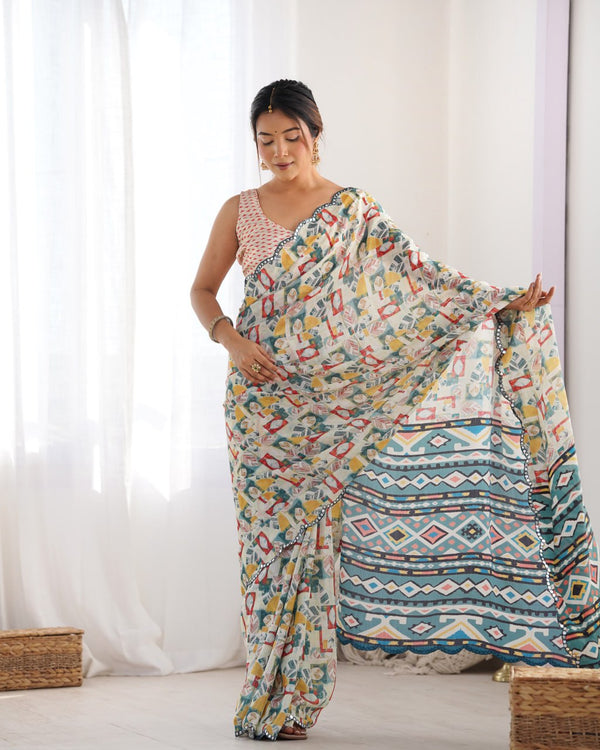 Ivory Chinnon Saree with Geometric Mirror Magic With Matching heavy Chinon blouse