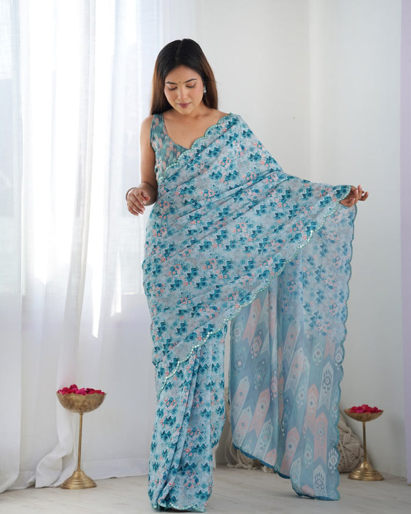 Elegant Pastel Aqua Blue Heavy Chinon Mirror Work Saree with Blouse