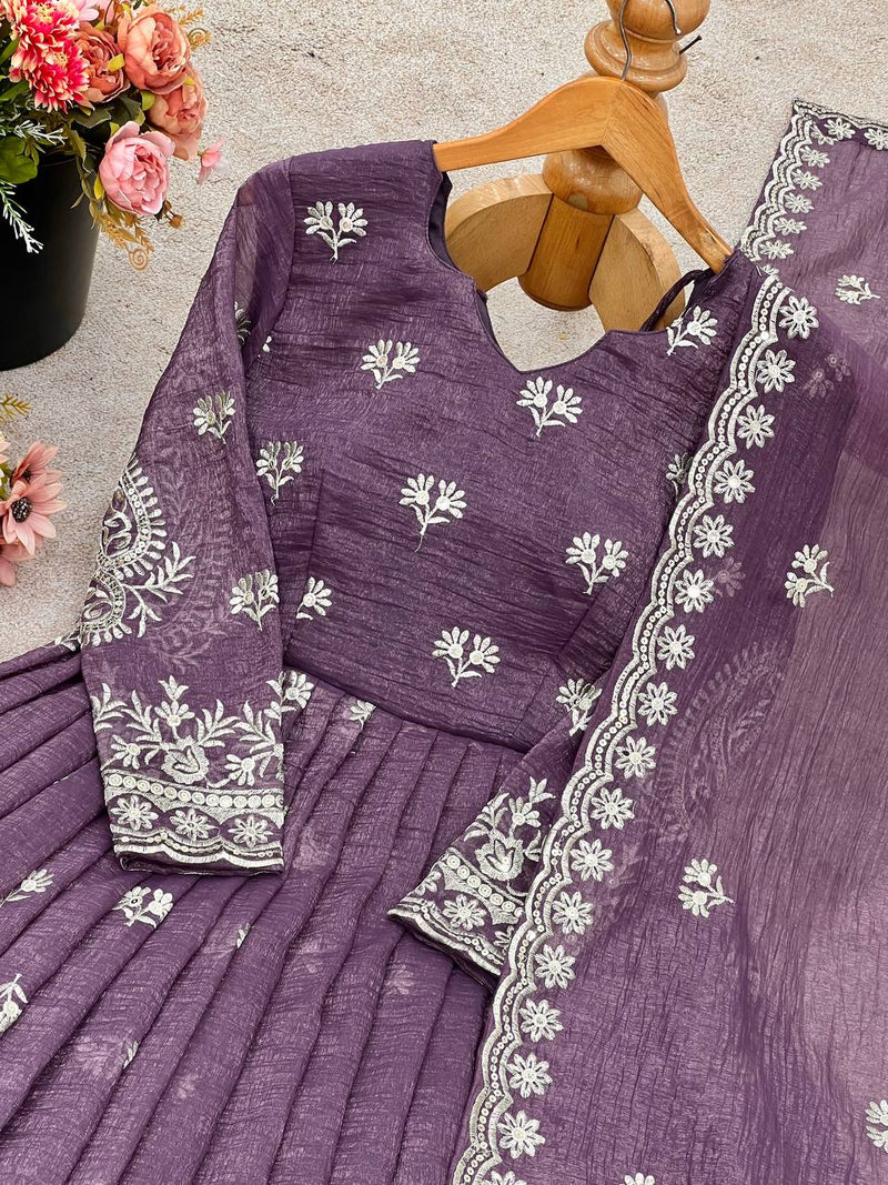 Embroidered Crunchy Silk Kurti Set with Plazzo & Dupatta