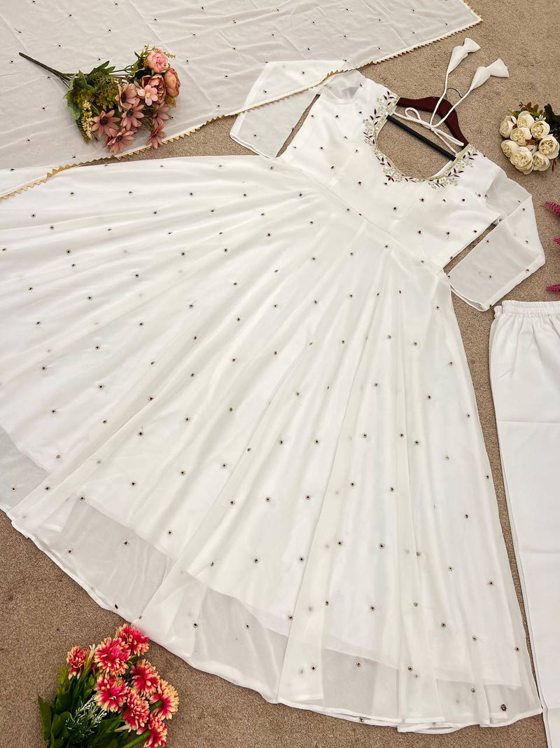 Fully Stitched Faux Georgette Gown Set with Embroidery & Lace Dupatta