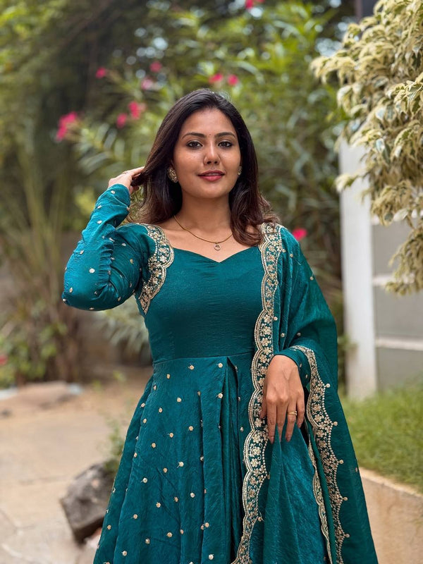 Luxury Fandy Silk Embroidered Gown with Dupatta & Pant