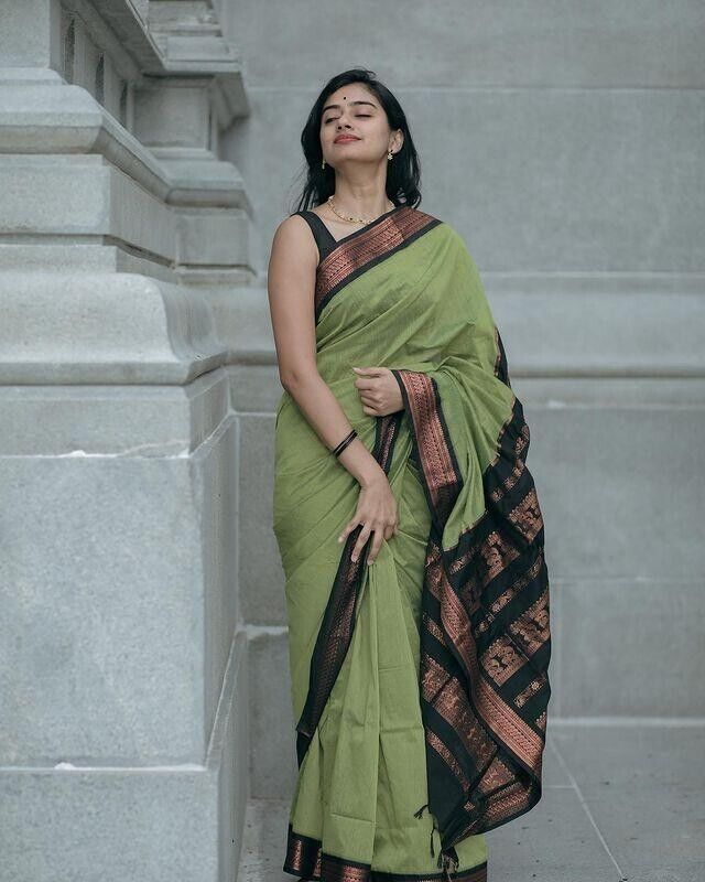 Mint Green Elegance: Soft Lichi Silk Saree with Artistic Jacquard Border & Blouse