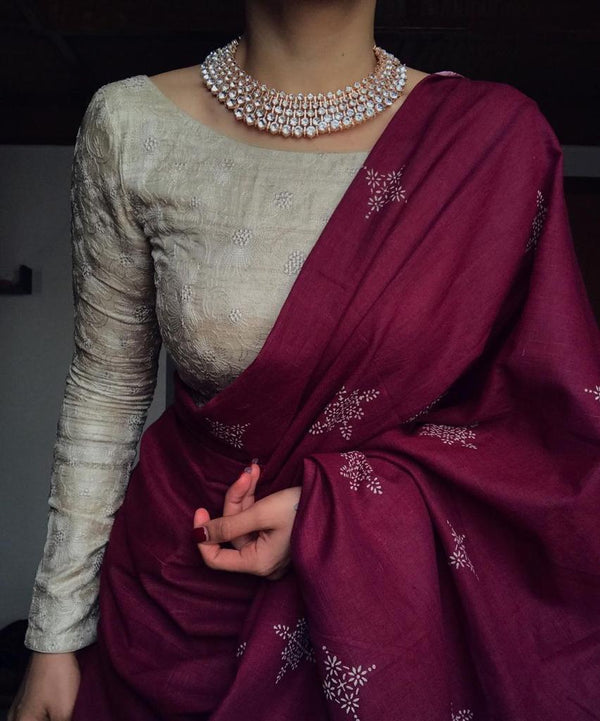 Eggplant Colored Printed Saree