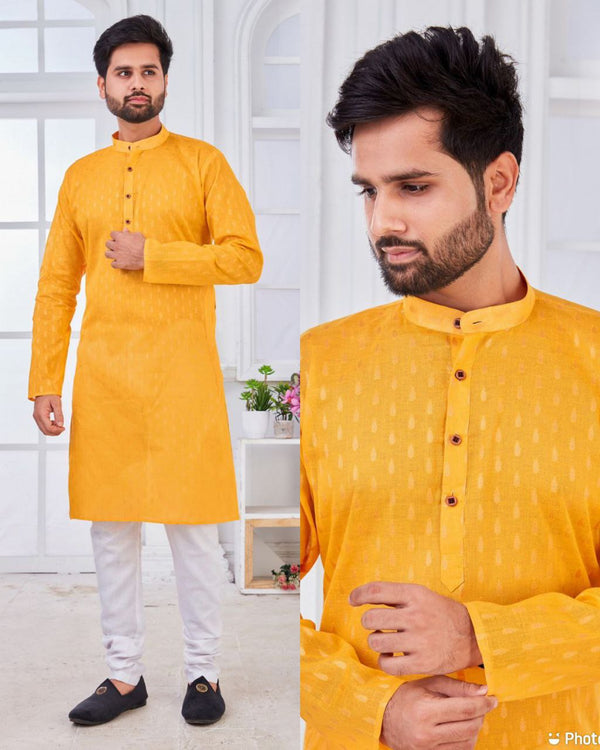 Charming Yellow Pure Cotton With Gold Weaving Mens Kurta Pyjama