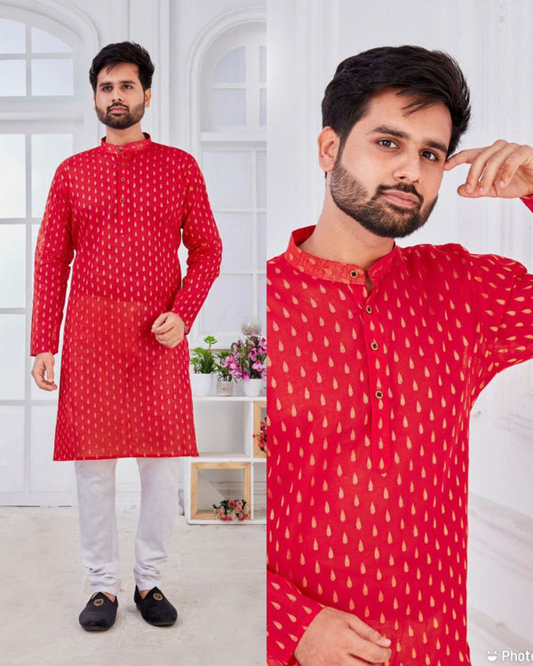 Dashing Red Pure Cotton With Gold Weaving Mens Kurta Pyjama