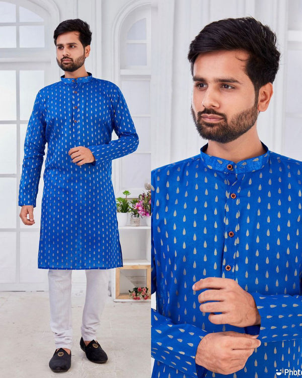 Blooming Blue Pure Cotton With Gold Weaving Mens Kurta Pyjama