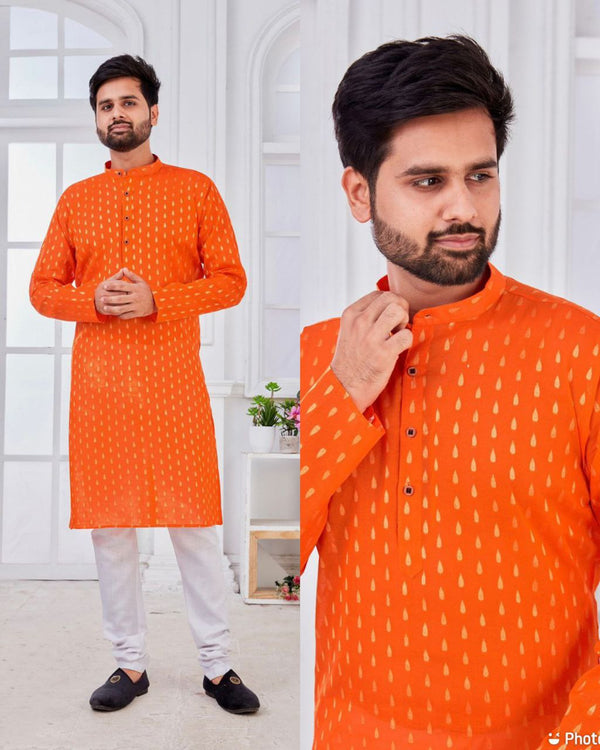 Enchanting Orange Pure Cotton With Gold Weaving Mens Kurta Pyjama