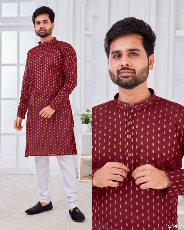 Trendy Maroon Pure Cotton With Gold Weaving Mens Kurta Pyjama