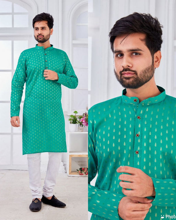 Refreshing Green Pure Cotton With Gold Weaving Mens Kurta Pyjama