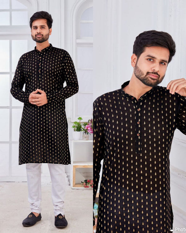 Stunning Black Pure Cotton With Gold Weaving Mens Kurta Pyjama