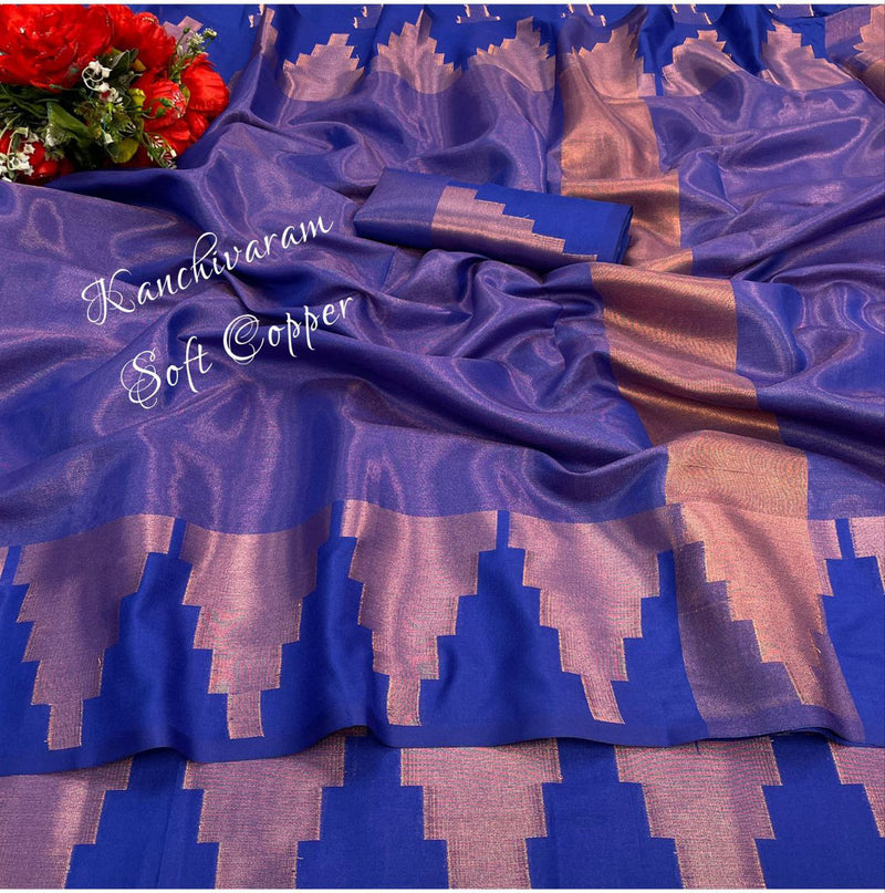 Mesmerizing Soft Kanchivaram Silk Saree With Pure Copper Zari Border