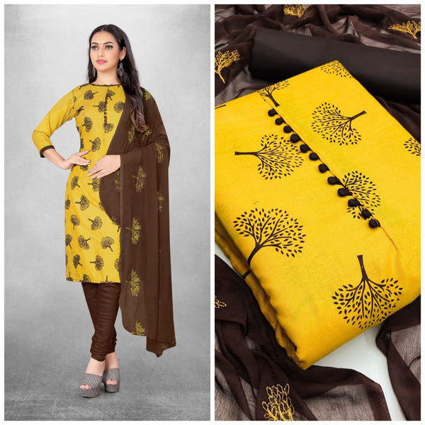 Mind-Boggling Yellow Color Slub Cotton Straight Cut Chudidhar