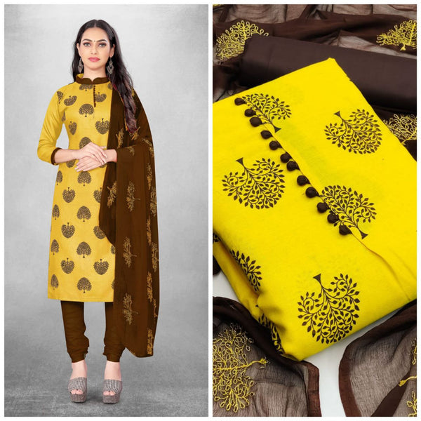 Mind-Boggling Yellow Color Slub Cotton Straight Cut Chudidhar