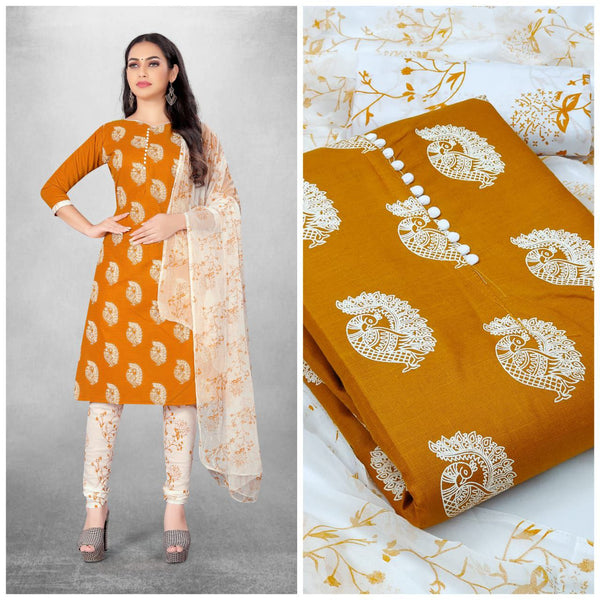 Gorgeous Mustard Yellow Color Slub Cotton Straight Cut Chudidhar