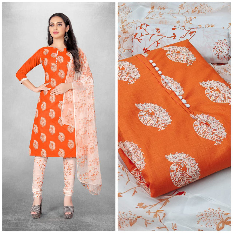 Attractive Orange Color Slub Cotton Straight Cut Chudidhar