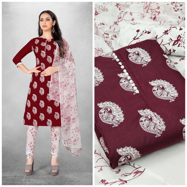 Beautiful Wine Color Slub Cotton Straight Cut Chudidhar