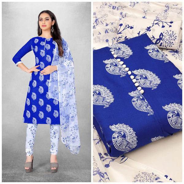 Elegant Blue Color Slub Cotton Straight Cut Chudidhar