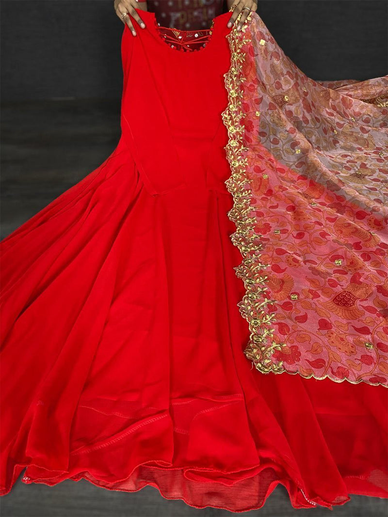 Enchanting Red Colour Georgette Gown with Organza Dupatta