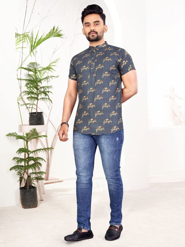 Stunning Grey Slub cotton foil printed shirt