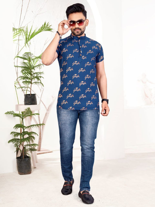 Trendy Blue Slub cotton foil printed shirt