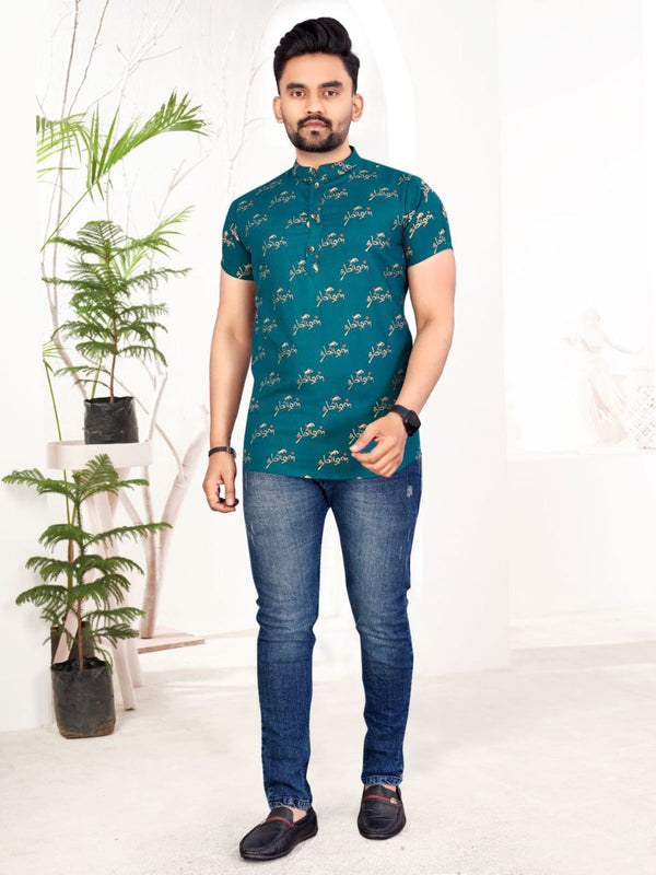 Stunning Rama Blue Slub cotton foil printed shirt