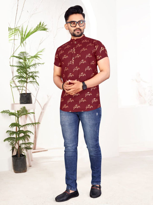 Enchanting Maroon Blue Slub cotton foil printed shirt