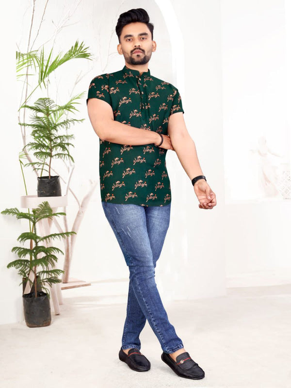 Refreshing Green Slub cotton foil printed shirt