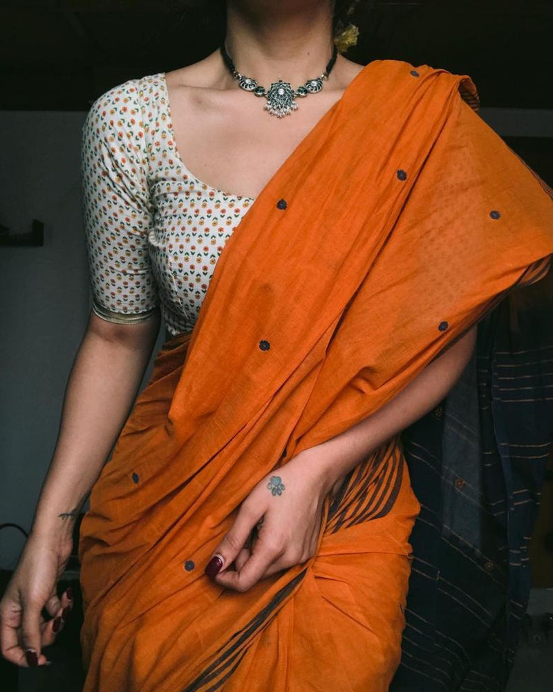 Attractive Carrot Color With Printed Blouse