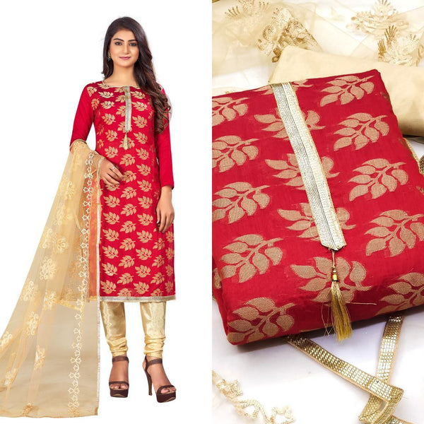 Enchanting Red Color Jacquard Straight Cut Chudidhar