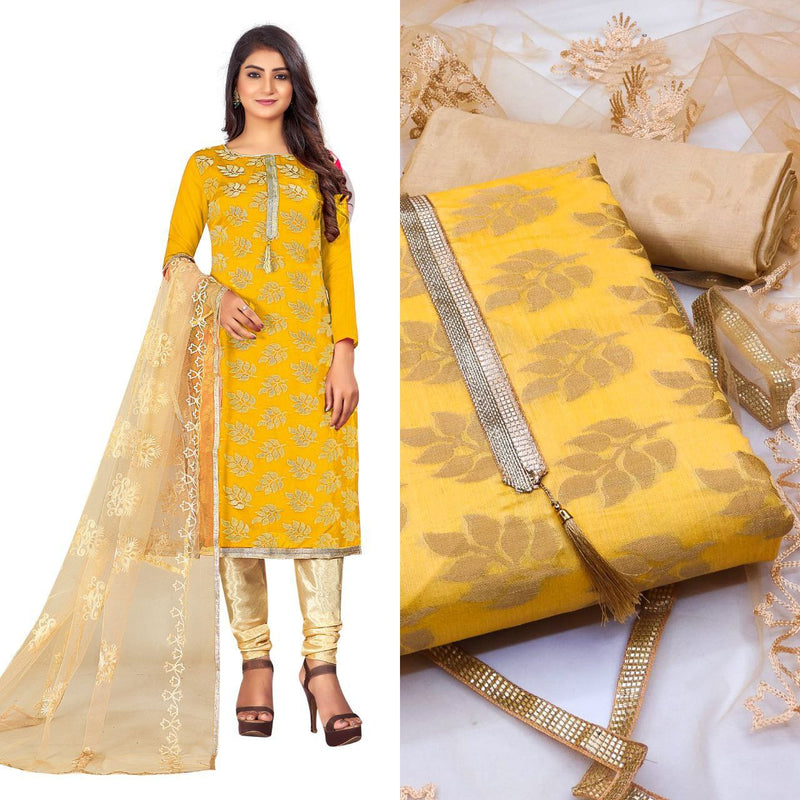 Charming Yellow Color Jacquard Straight Cut Chudidhar