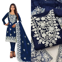 Desirable Dark Blue Color Organza Straight Cut Chudidhar