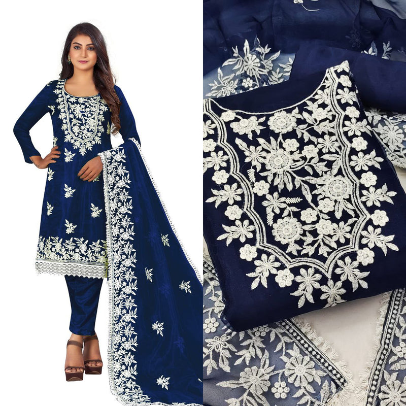 Desirable Dark Blue Color Organza Straight Cut Chudidhar