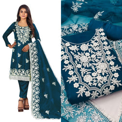 Attractive Turquoise Blue Color Organza Straight Cut Chudidhar