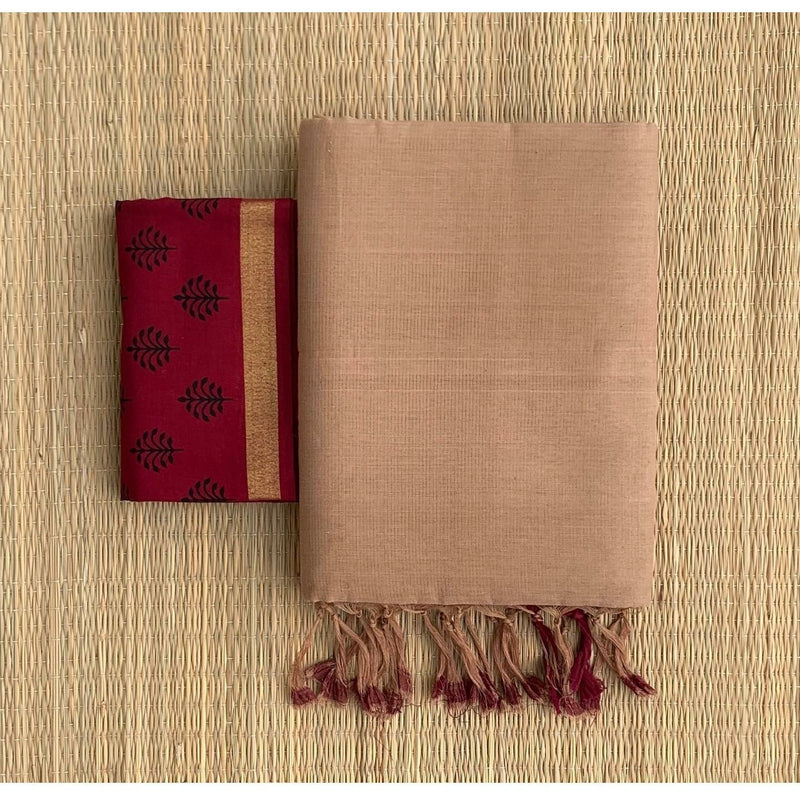  Triveni Tan Colour Traditional Looking Chanderi Cotton Saree-Brown Color-Cotton Saree Store