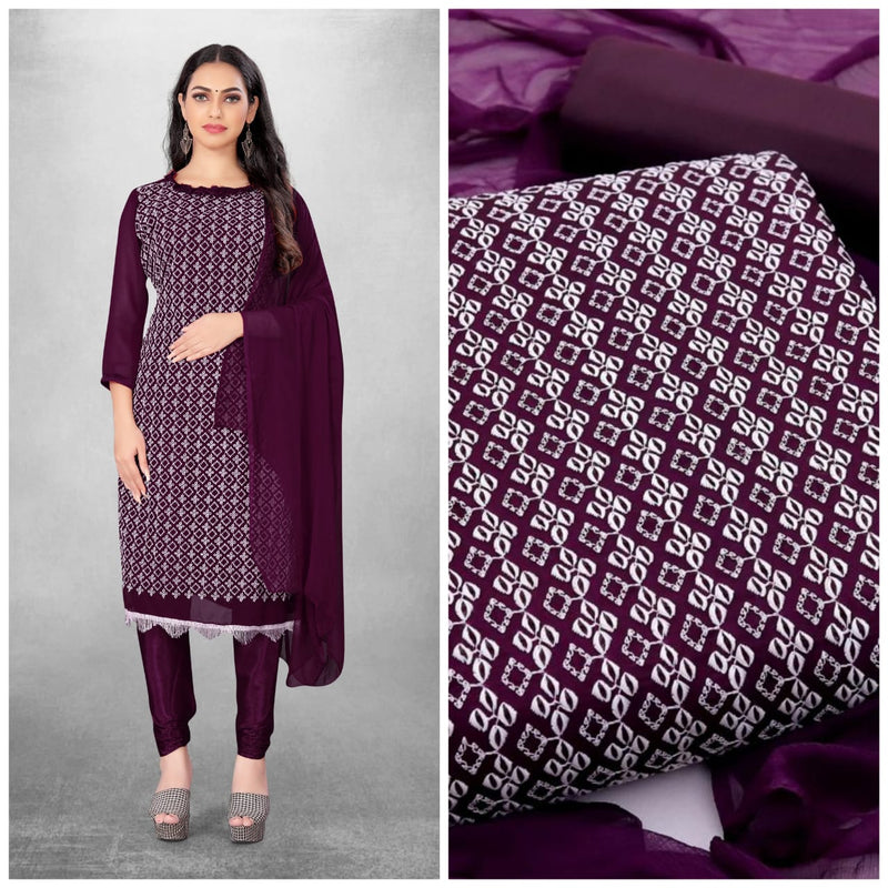 Trendy Wine Georgette With Embroidery Straight Cut Chudidhar
